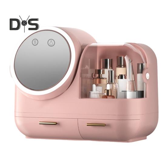

Пылезащитный ящик для хранения косметики с зеркалом со светодиодной подсветкой, большой вместимостью, несколькими отделениями, органайзер для хранения косметики на столешнице розовый