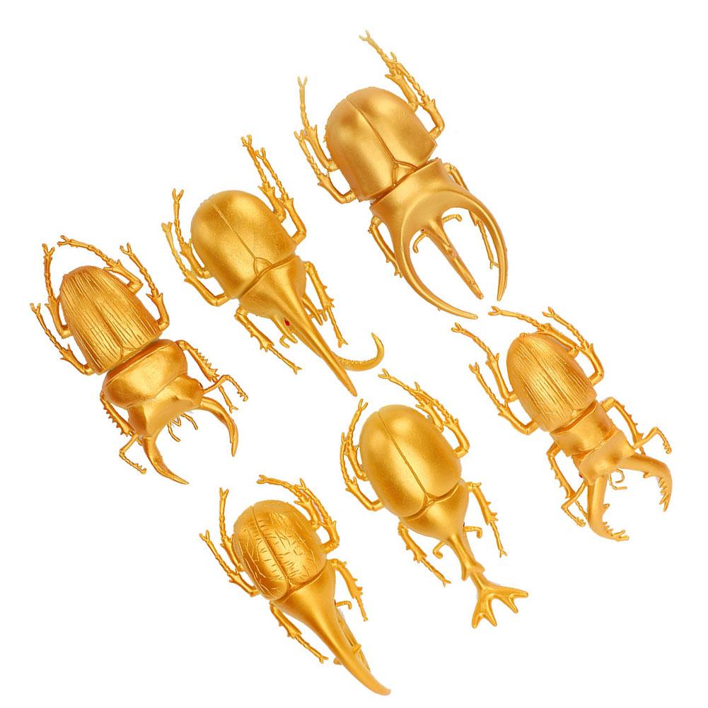 6pcs Simulation Beetle Insect Model Halloween Trick Props NonToxic PVC Insect Toy(Gold )