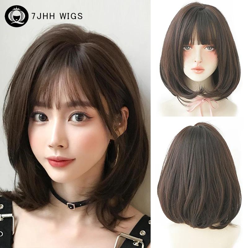 7jhh Wigs Short Straight Chocolate Bob Wig For Women Daily High Density Synthetic Layered Brown Hair Wigs With Neat Bangs
