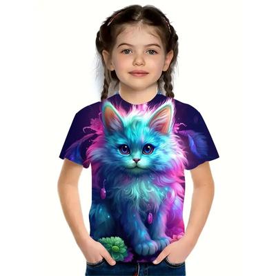 Camiseta Fofa de Gato Impressa em 3D Camisetas para Meninas 2025 Desenho Animado Animal Moderna Menina Camisetas Infantis Roupas Casuais para Bebê Camiseta Top Verão