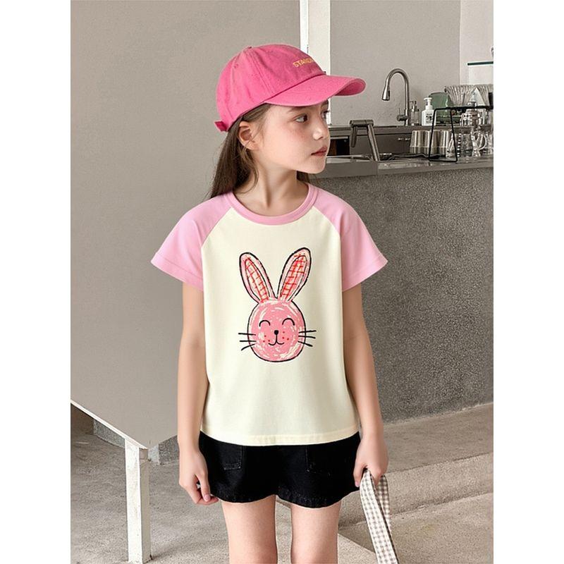 Brand Children's Clothing 2026 Summer New Style Girls' Short-Sleeved Tops Korean Style Cartoon Rabbit Pure Cotton T-Shirt Baby Clothes