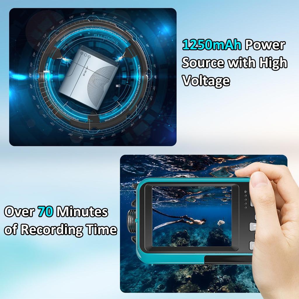 4K Underwater Camera 11FT Waterproof Camera with 32GB Card 48MP Autofocus Dual-Screen Selfie Underwater Camera for  Waterproof Type-C (Blue)