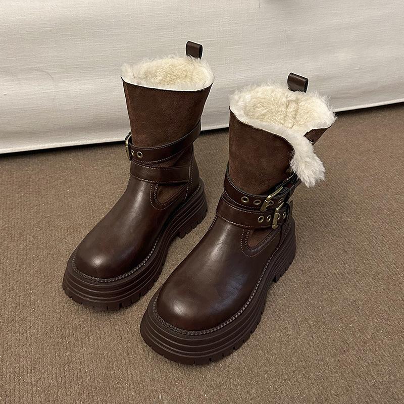 

Women s British style tall leather fashion lightweight soft sole winter warm fur one snow boots padded lining non-slip casual sports cotton boots 35