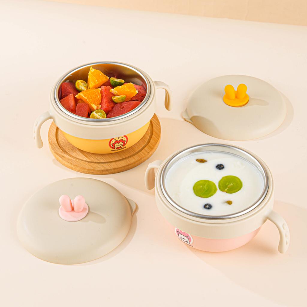 316 Stainless Steel Rice Bowl Children Tableware Anti-scald Food Container With Cutlery Double Handle Kid Feeding Bowl