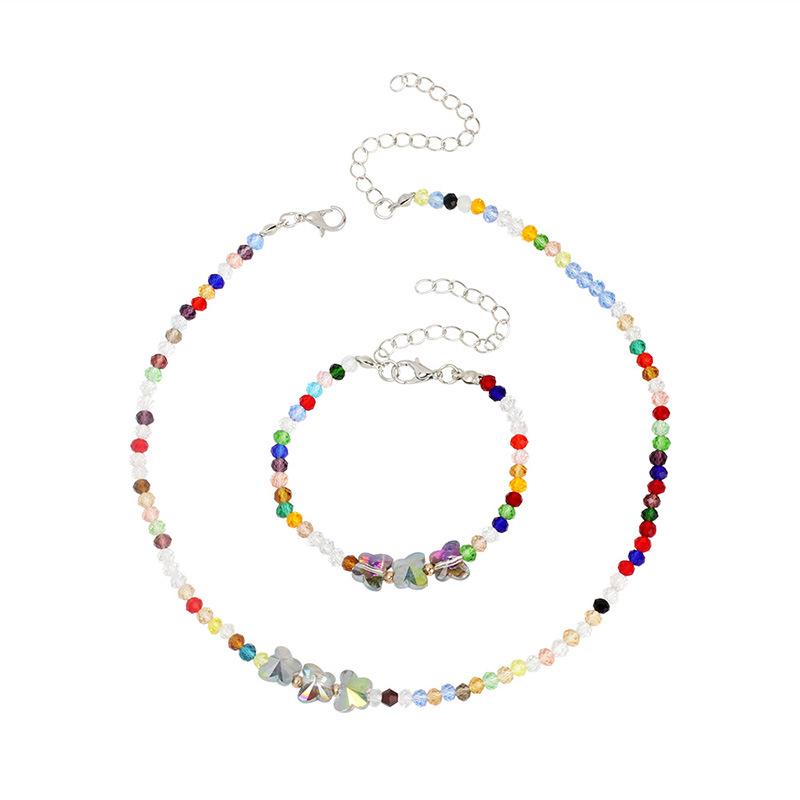 Retro ethnic style colored crystal butterfly necklace bracelet combination, personalized design sense handmade jewelry