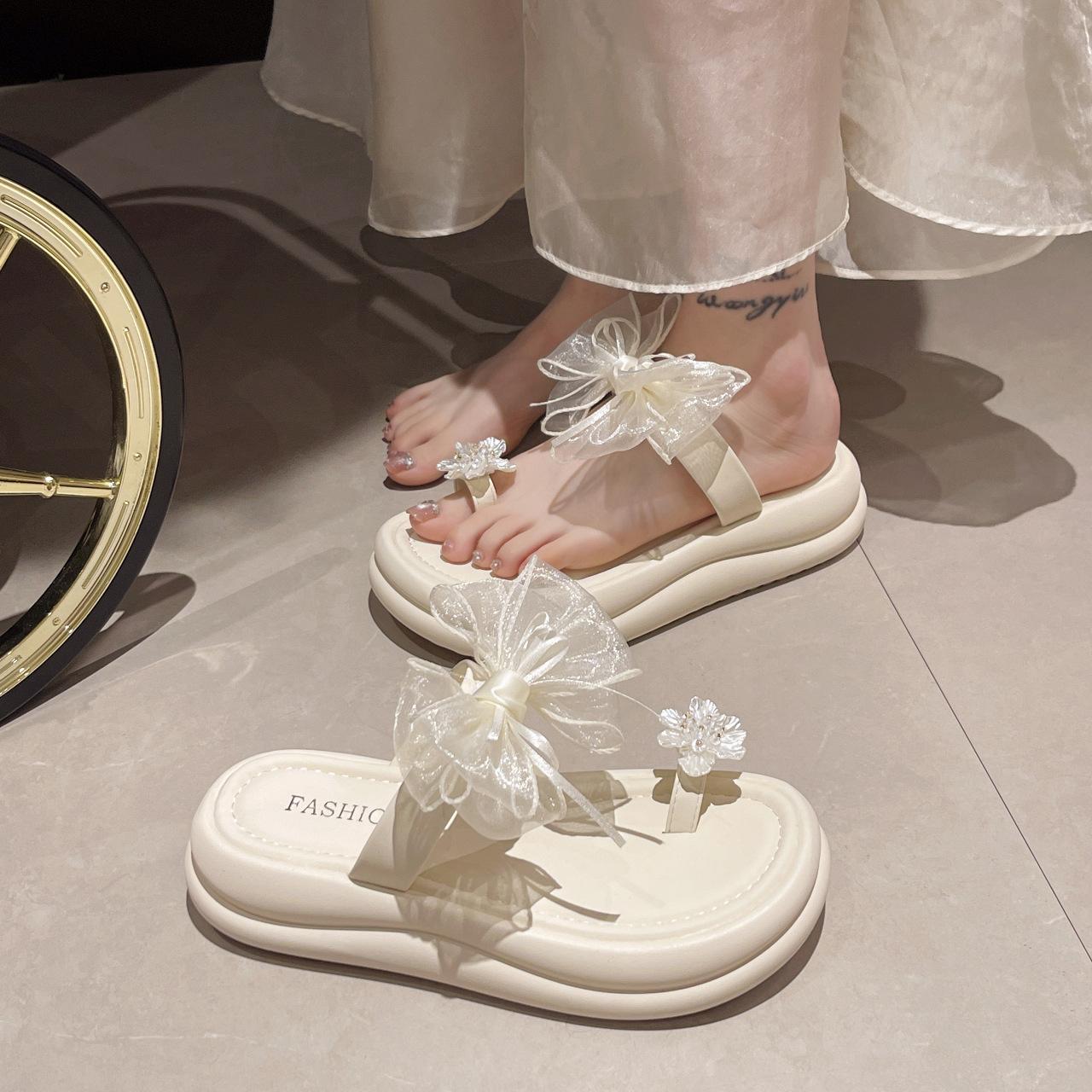 

Gentle lace bow slippers lady lady sweet temperament toe cool slippers with skirt beach half drag 40 бежевый