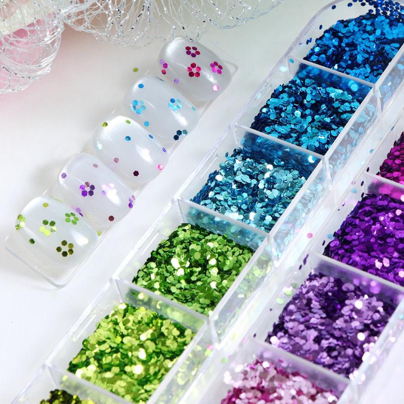 12 Grids Sparkling Mini Hexagon Nail Glitter Sequins DIY Shiny Manicure Decor for Party Festival Nail Makeup