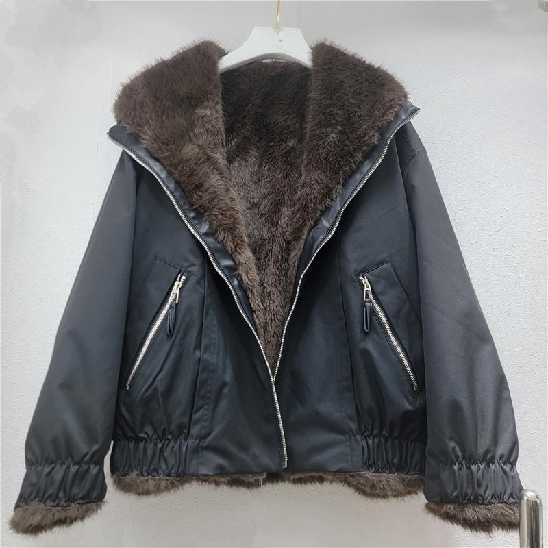 Womens Reversible Faux Fur Lined Puffer Jacket Thick Warm Biker Style Short Coat With Zipper Streetwear Oversized Fit