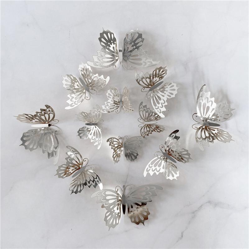 12Pcs/Set 3D Hollow Butterfly Wall Sticker Gold Silver Rose Wedding Decoration Living Room Home Decor Butterflies Decal Stickers KTY