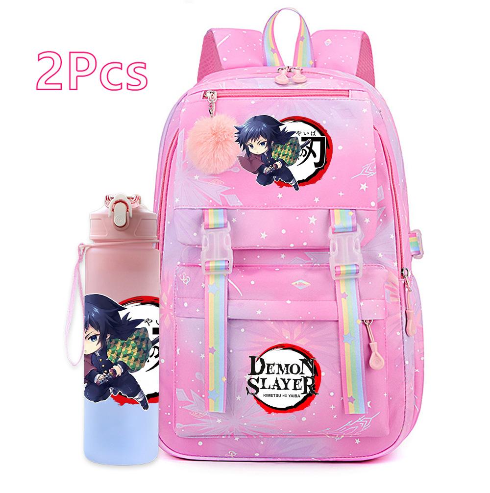 2Pcs/set Anime Cartoon Demon Slayer Printed Backpack with 750Ml Water Bottler for Teenager Bookbag Large Capacity Waterproof Travel Bag Gift