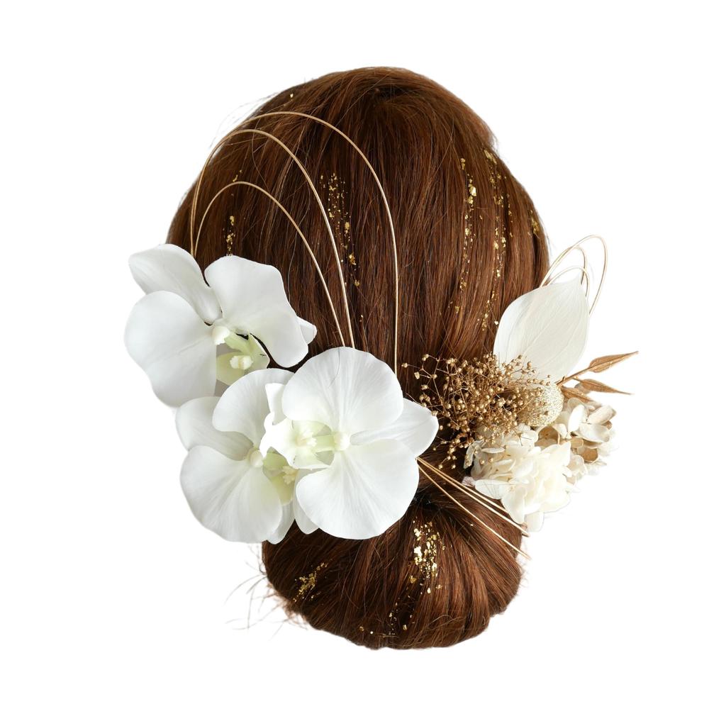 Preserved Flower Hair Ornament with Gold Leaf and White Phalaenopsis Orchid for and Japanese Clothing [Bria] Coming-of-Age Ceremonies, Graduations,