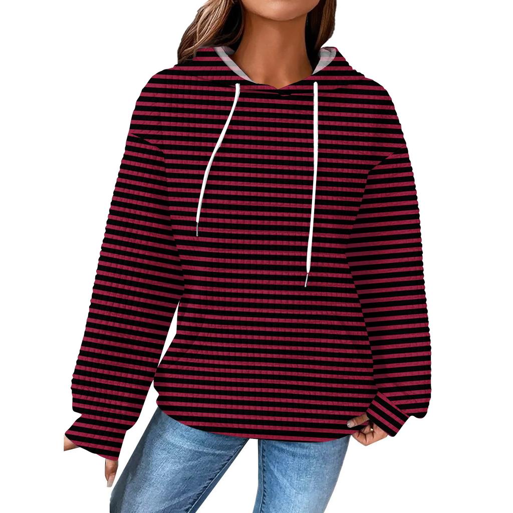 Women's Fashion Loose Hooded Pullover Long Sleeve Plaid Sweatshirt with Drawstring Drop Shoulder and Pocket Print Top