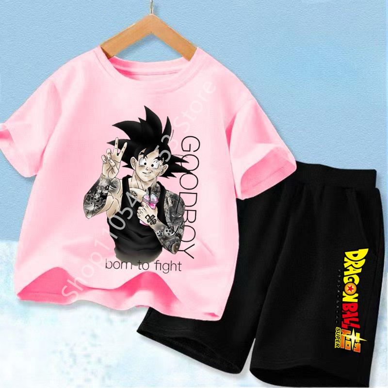 2026 Anime Cool Goku Dragon Ball Z Boys CosPlay Short Sleeve Shorts with Pocket Beach Pants Breathable Polyester T-shirt Kids Suit