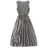 Plaid Cotton and Linen Vest Skirt Women's 2025 Summer New Loose Lace-up Waist Round Neck Sleeveless Dress