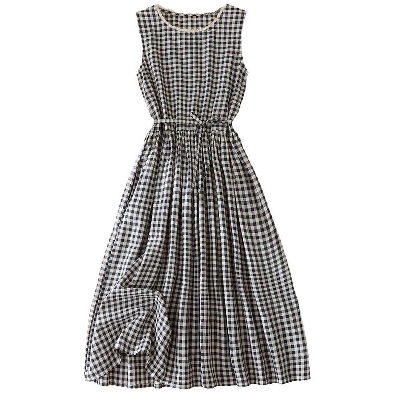 Plaid Cotton and Linen Vest Skirt Women's 2025 Summer New Loose Lace-up Waist Round Neck Sleeveless Dress