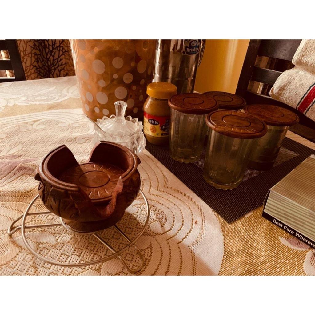 Wooden Handmade Carved Set of 6 with Decorative Holder Tabletop Coasters for Tea Coffee Cups Mugs Beer Cans Bar Glass Indian Handicrafts