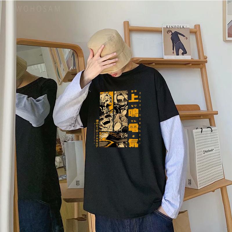 Maglietta a Strisce Moda Anime Giapponese My Hero Academia Top Uomo Donna Harajuku Manga Kaminari Denki Grafiche Maglia a Maniche Lunghe