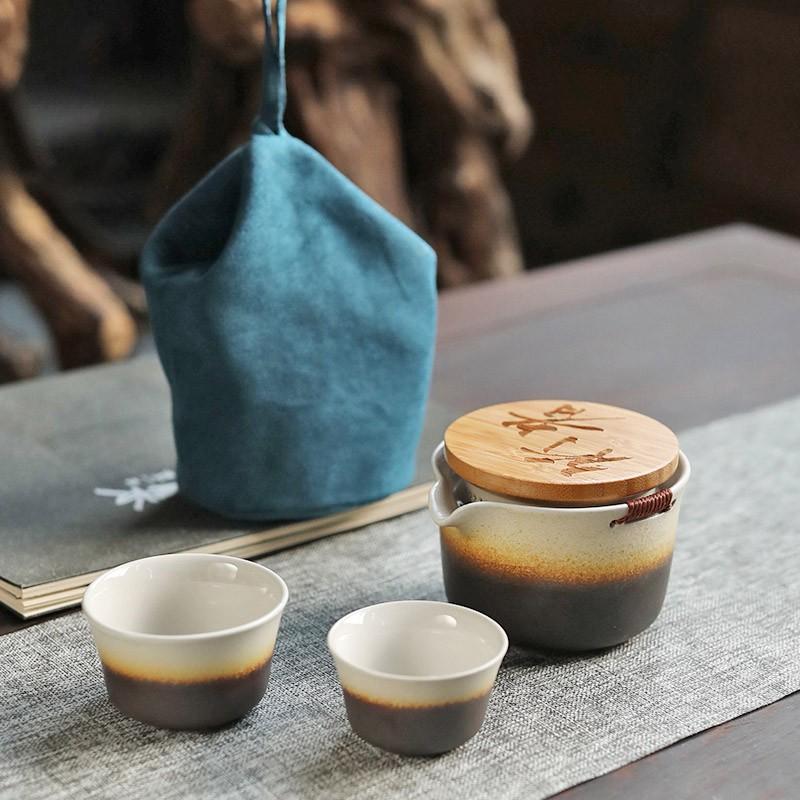 Ceramic Quick Tea Cup One Pot Two Cups Ceramic Portable Storage Bag Kung Fu Tea Set