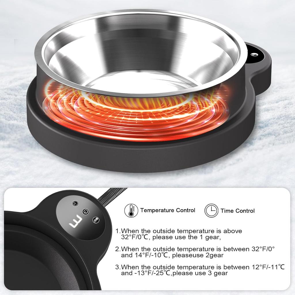 Heated Water Bowl for Outdoor Dogs Cats, 100W Heated Dog Bowls, Adjustable Temperature Heated Pets Water Dish with Removable Stainless Steel Bow for
