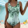 Women Plus Size Green Floral Printed Scoop Neck Wide Straps High Cut One Piece Swimsuit