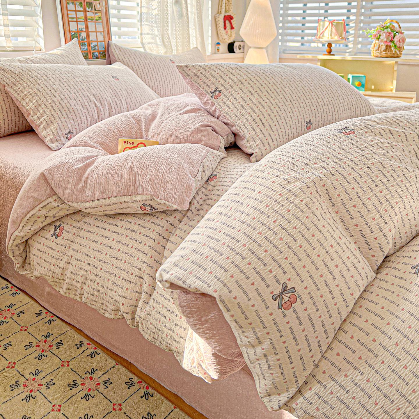 Ultra Soft All-Cotton Four-Piece Bedding Set: Pure Cotton Bed Sheet, Duvet Cover, Fitted Sheet for Dorms 150x200cm Single Duvet