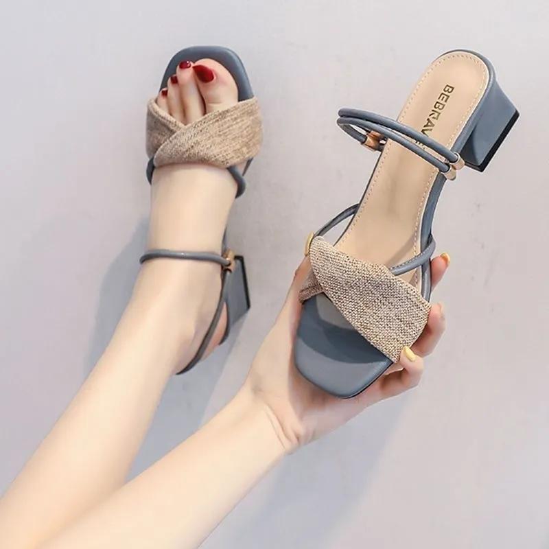 Summer Thick-heeled Sandals Women s High Heels Fashion Beach Elegant Sandals and Slippers Women s Shoes 35 синий