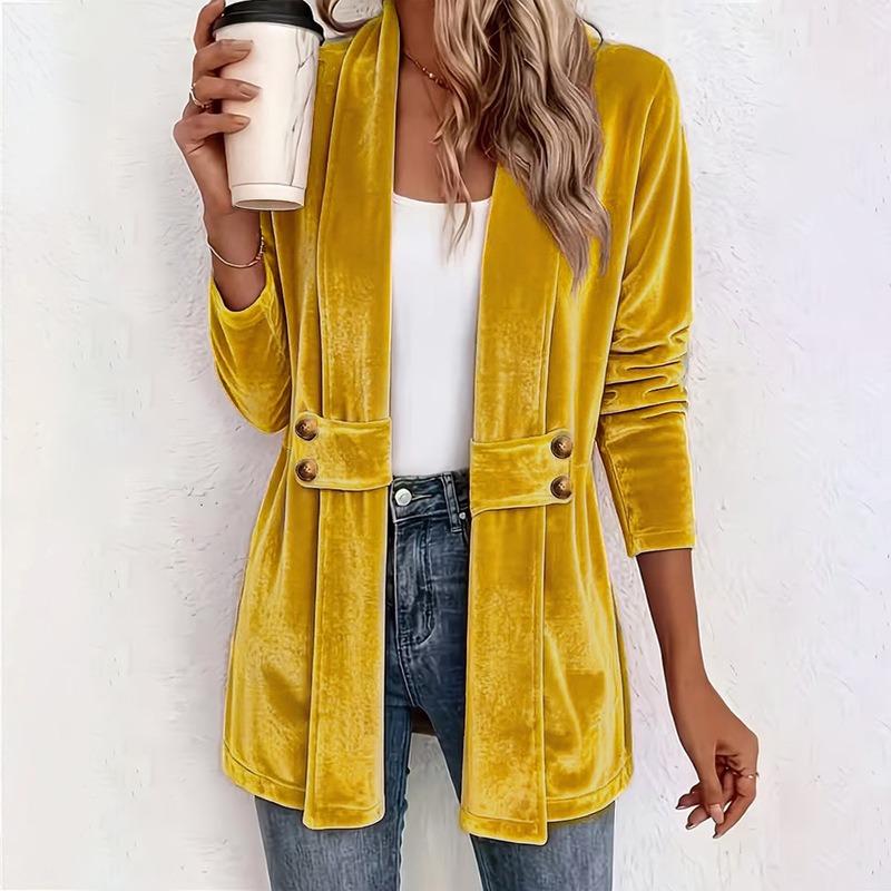 New autumn and winter women's golden velvet versatile cardigan solid color loose double-breasted medium and long coat