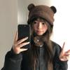 Cute Bear Ears Red Knitted Autumn and Winter Wool Hat Women's Warm Ear Protection Hat Showing Face Small Winter Headhat