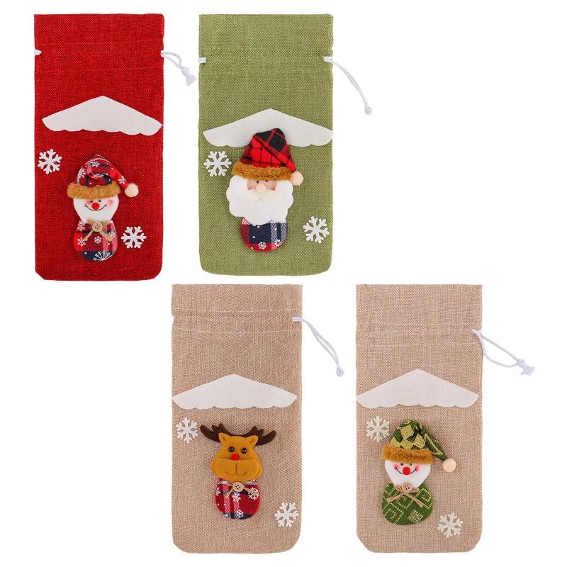 Christmas Linen Old Man Figurine Wine Bottle Cover Holiday Hotel Dining Table Cartoon Three-Dimensional Drawstring Wine Bag