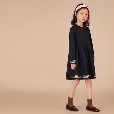 Hacikis Dziewczęca Granatowa Bawełniana Sukienka Preppy z Długim Rękawem