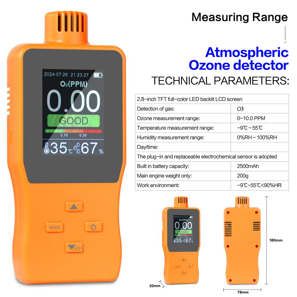 Rilevatore di ozono O3 Portatile Registratore Analizzatore di Ozono 3 in 1 Monitor di Ozono Archiviazione Dati Visualizzazione Dati Storici Misuratore di Temperatura Umidità Qualità dell'Aria