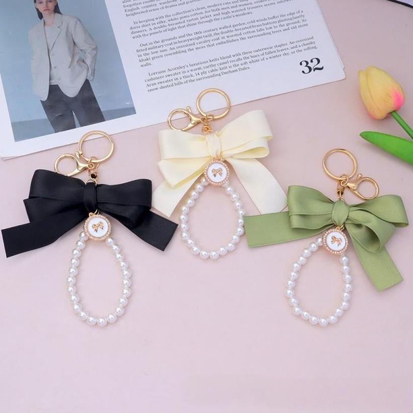1PC Women Elegant Simulated Pearl Bow Wristlet Keychain Cute Aesthetic Bead Keychains Bag Charms for Handbags