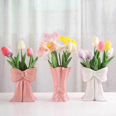 Keramikvase mit Schleifenknoten-Akzent Rosa Weiß Schleife/Handtasche/Blumenstrauß Blumenvase für Wohnzimmer Esszimmer Regal Tisch Desktop-Dekor