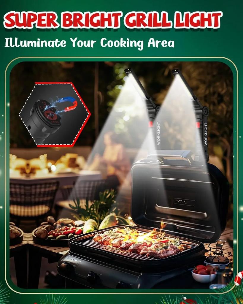 Rechargeable Led Working Light BBQ Fishing Camping Lamp With Magnet and Hook 5 Modes 360° Rotating Light Christmas Gifts For Men