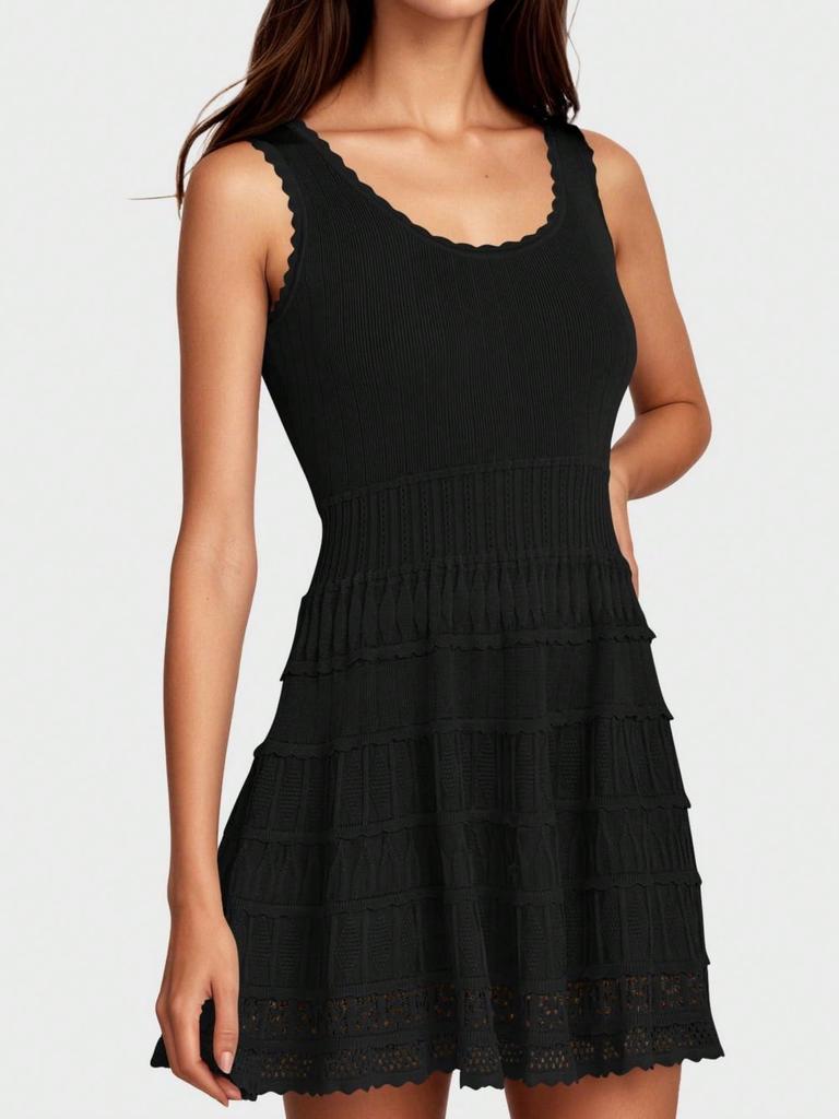 Women's Summer Tank Mini Dress Crew Neck Crochet Hem Flowy Knit Dress