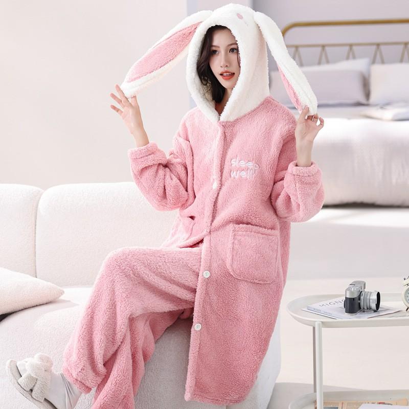 Womens Coral Fleece Pajama Set Winter Warm Thick Long Sleeve Hooded Cartoon Sleepwear Home Loungewear