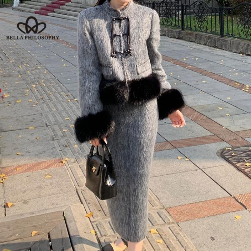 Top cu îmbinare din lână chinezească nouă, fustă pe jumătate, temperament, costum din două piese, pentru femei, toamnă și iarnă, rochie nouă