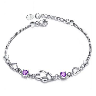 High End Double Heart Double Diamond Heart Connected Heart Printed Bracelet for Women's Korean Version Fashionable and Trendy Silver Plated Bracelet