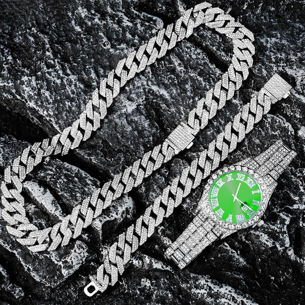 16MM Cuban Chain Watch for Men Hip Hop 3pcs Miami Iced Out Paved Rhinestones Rapper Cuban Necklace Suit Watch+Bracelet Jewelry