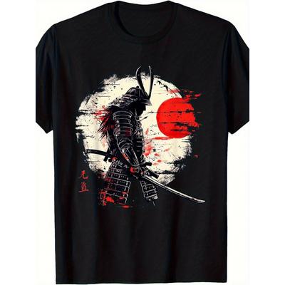 Men'S Japanese Samurai Warrior T-Shirt - with Red Sun & Kanji Print Vintage Martial Arts Graphic Tee - Loose Fit Retro Shirt for Cosplay, Themed