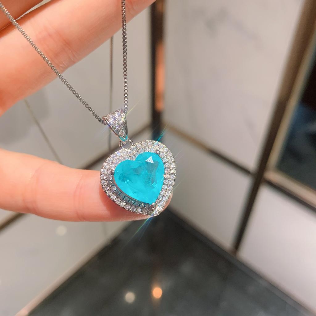 Bijoux Simulation Paraiba, Ensemble Bleu Paraiba en Forme de Cœur Boucles d'Oreilles Puces Pierre Principale 9 * 9 Pendentif 12 * 12