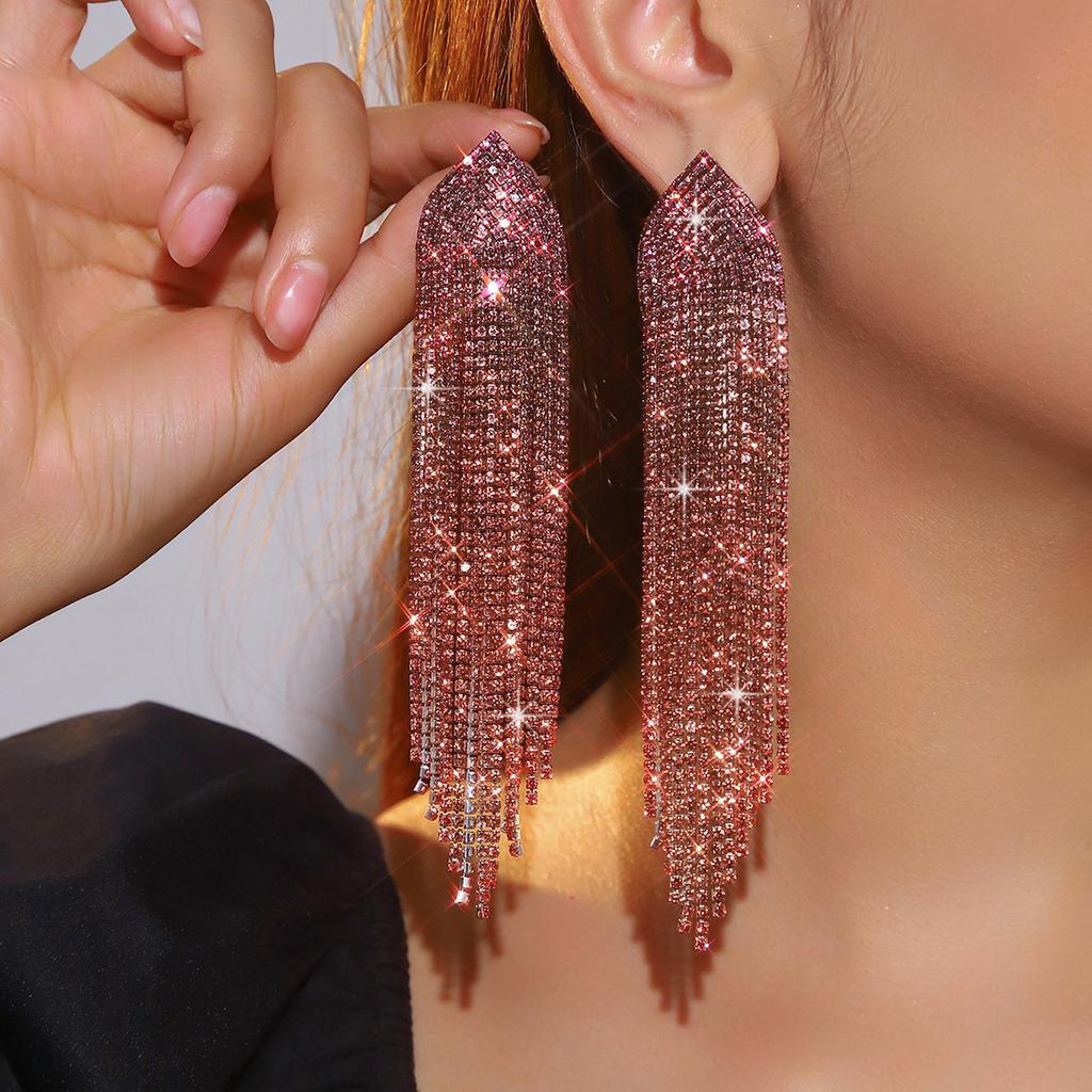 Beliebter Schmuck Luxus glänzender Strass lange Fransenohrringe