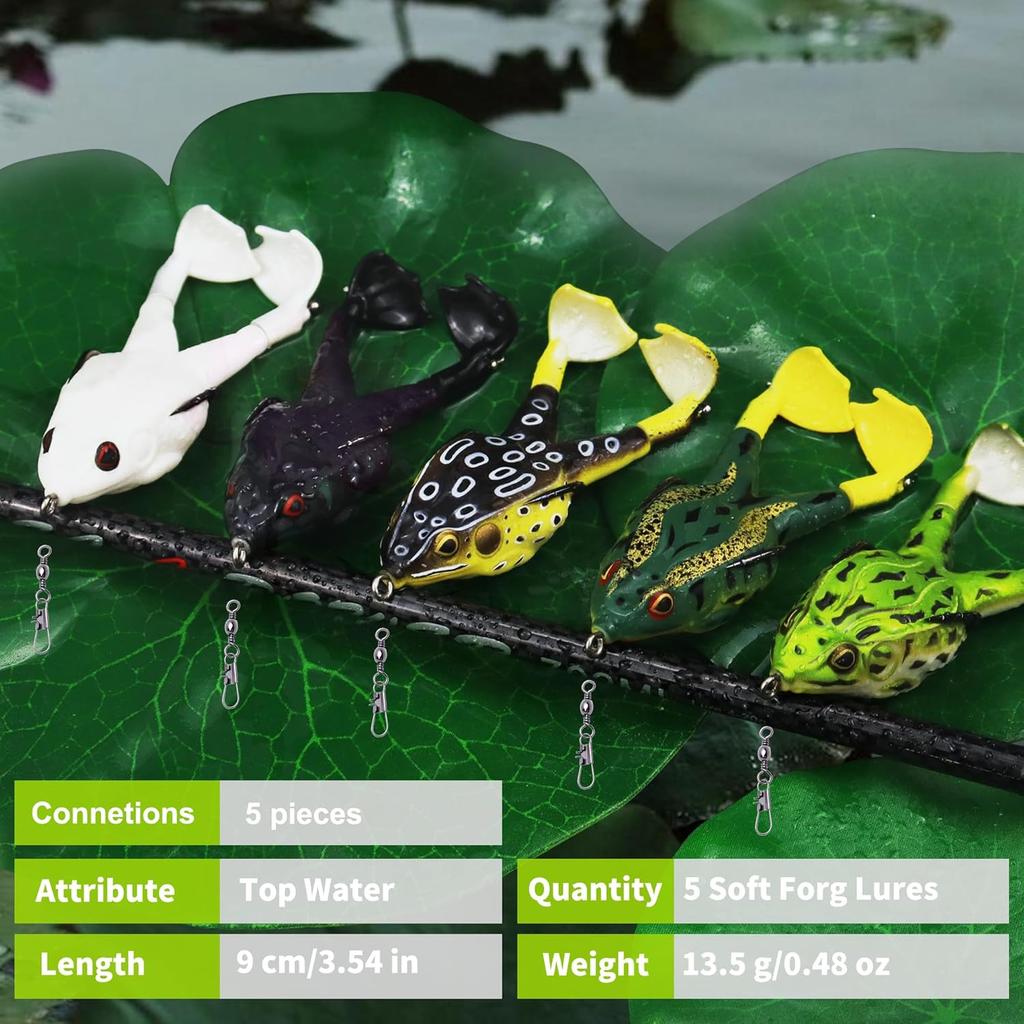 Top Water Soft Frog Bass Fishing Lures Kit, Double Propeller Legs, 5 Connection Rings, Thickened Silicone Skin, Bigger Splash More Attractive,