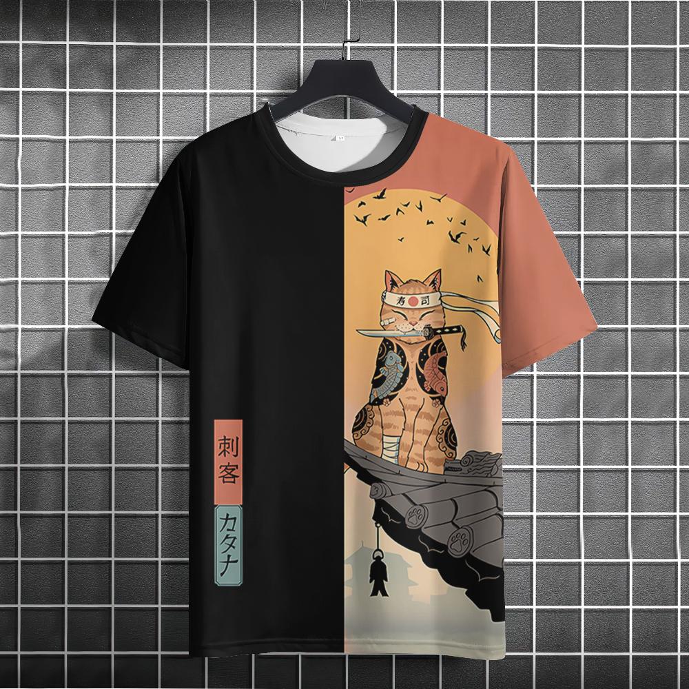 Unisex 2024 T-Shirt Männer Frauen Japanische Samurai-Katze 3D-bedruckte T-Shirts für lässige Mode Lustiges Shirt Top T-Shirt Männer Kleidung