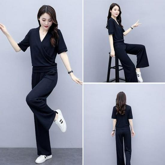 Chic Summer Women's V-Neck Top and Wide-Leg Pants Two-Piece Set - Trendy 2025 Xiaoxiang Style