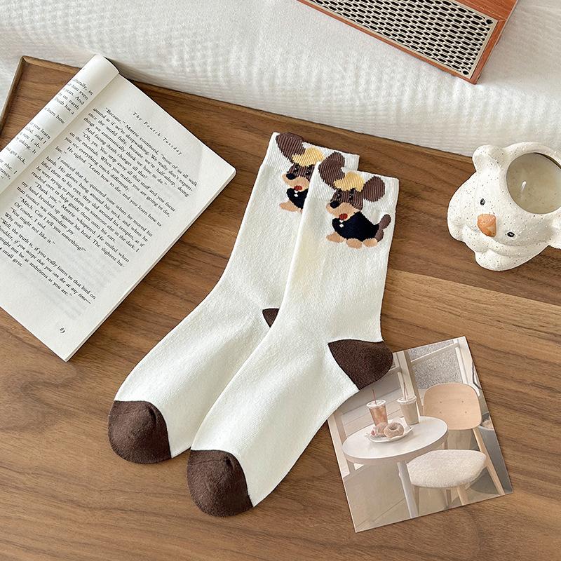 Female Spring and Autumn Retro Cute Cartoon Dog in The Tube Pile Pile Cotton Socks