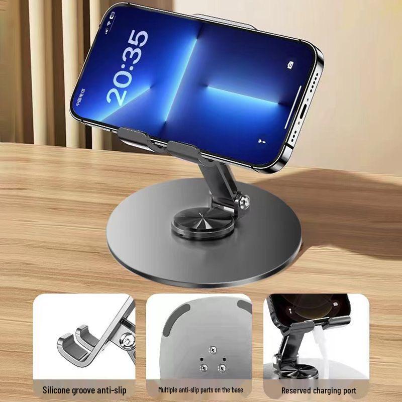 Support de téléphone et de tablette pliable tout métal rotatif à 360° pour visualisation mains libres et streaming en direct