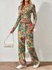 Spring and Autumn digital print women's V-neck long sleeve pants set, comfortable, casual, versatile, slim fit two-piece set