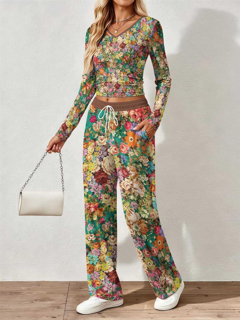 Spring and Autumn digital print women's V-neck long sleeve pants set, comfortable, casual, versatile, slim fit two-piece set