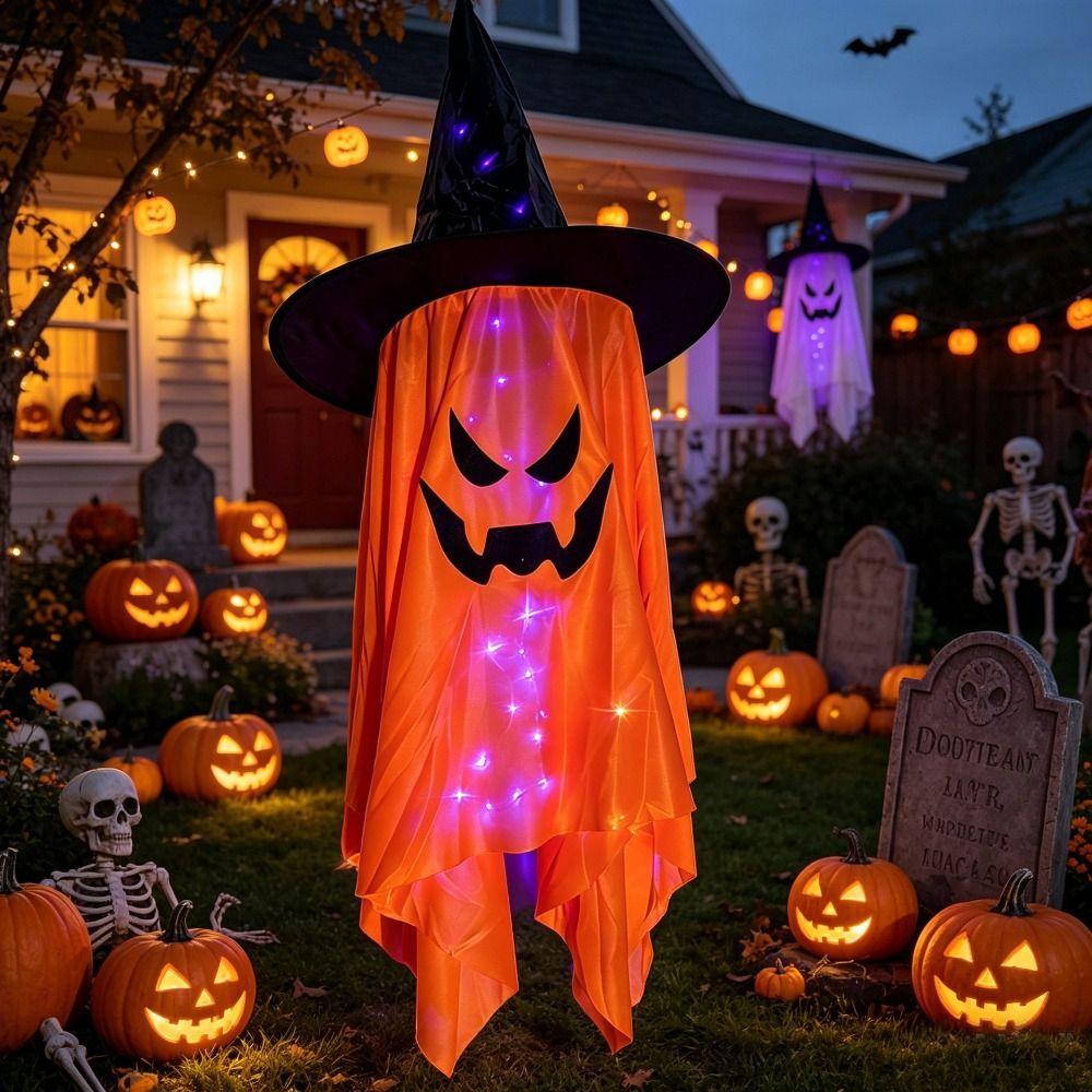 LED Lighted Halloween Ghost Pendant Luminous Design Witch Hat Ghost Decor  Garden Tree